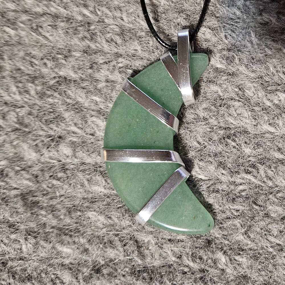 Green aventurine gemstone crescent moon pendant, wire wrap, black cord, unisex